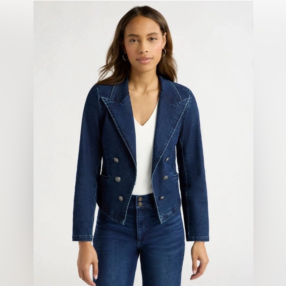 Sofia Vergara Dark wash denim cropped jacket v neck fitted Blazer